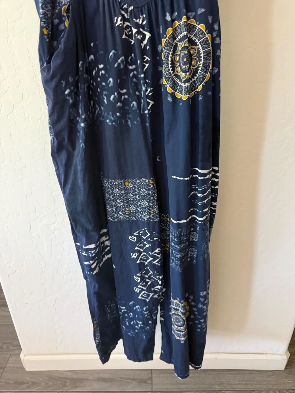 Small shop|Navy Boho Patchwork print Wide-Leg sleeveless Jumpsuit,overall style• - Picture 7 of 13